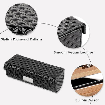 Lipstick Case with Mirror, Diamond Pattern, Vegan Leather Lipstick Holder for One Tube, Slim Makeup Organizer for Travel & Quick Touch-Up (Black)