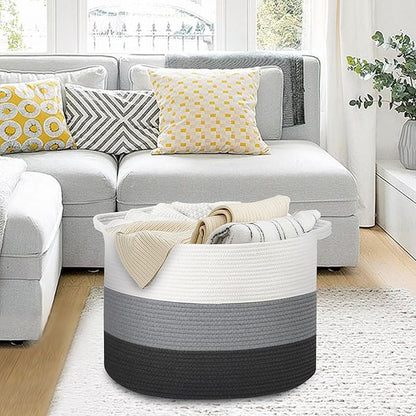 Extra Large Cotton Rope Basket, 22” X 22” X 14” Blanket Storage for Living Room, Soft Kids Dog Toy Bin Box, Woven Round Baskets for Organizing, Big XXL Blanket Pillow Holder Organizer