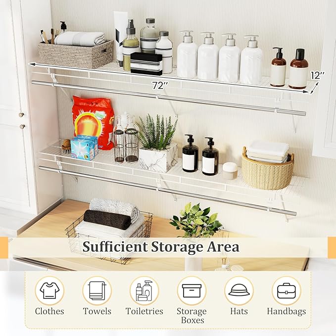 Giantex Closet Shelf with Hanging Rod, 6 ft Wall Mounted Wire Shelving Kit with Storage Shelf & Clothes Rod, Ventilated Metal Wall Shelf Organizer for Laundry Room, Closet, Bedroom, White