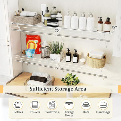 Giantex Closet Shelf with Hanging Rod, 6 ft Wall Mounted Wire Shelving Kit with Storage Shelf & Clothes Rod, Ventilated Metal Wall Shelf Organizer for Laundry Room, Closet, Bedroom, White
