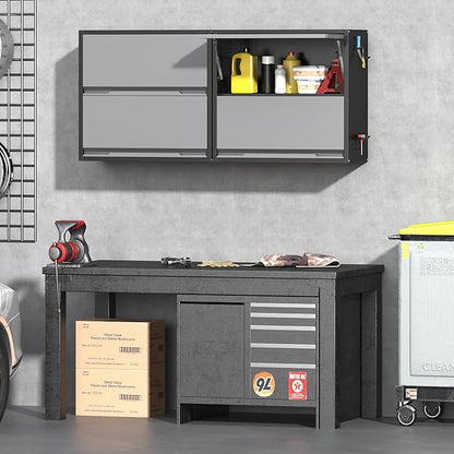 Metal Garage Wall Cabinet with Up-Flip Door, Black Float Tool Cabenit with 2 Doors,Upper Storage Cabinets with Pegboard for Kitchen,Garage,Workshop,Warehouse (25.6" H,Black&Gray)