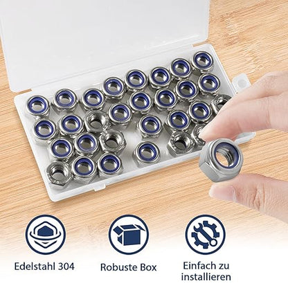 30 Pack M10-1.5mm Nylon Insert Locknuts,304 Stainless Steel A2-70 Lock Nuts,Standard Metric Thread Nylock Nuts for Bolts