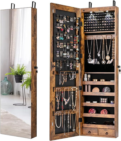Giantex Wall Door Mounted Jewelry Armoire Cabinet with 47.5" H Full Length Mirror, 2 LEDs Lockable Jewelry Organizer Box with Bracelet Rod, 2 Drawers, Large Storage Capacity (Rustic Brown)