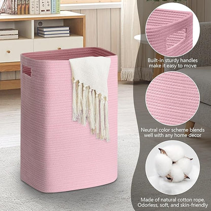 Large Laundry Hamper 16"x13"x22" - Tall Woven Laundry Basket, Cotton Rope Dirty Clothes Hamper, Baby Kids Nursery Wicker Laundry Basket, Bedroom Aesthetic, Soft Laundry Bin, Pink Hamper, 75L