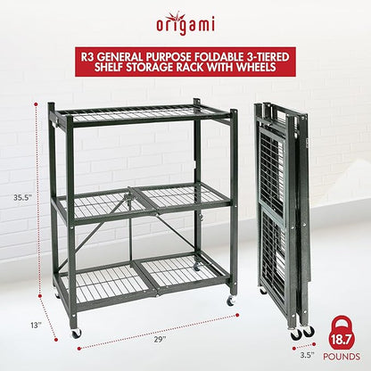 Origami 3-Tier Foldable Storage Shelves, Heavy Duty Rolling Shelf Rack with Wheels, Pewter