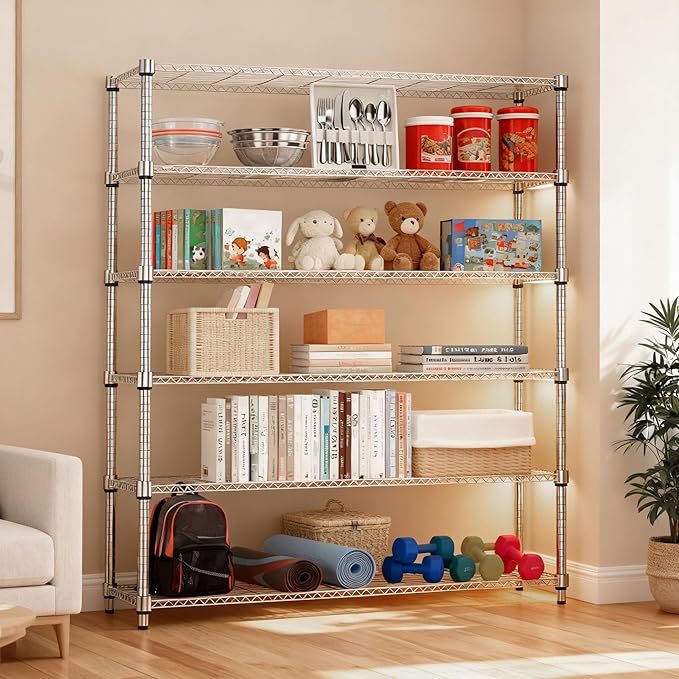 2100LBS 47.2" W 6 Tiers Shelf Storage Shelves Metal Shelving Unit Heavy Duty Garage Shelving Adjustable Wire Shelves for Pantry,Kitchen,Garage,Basement,Chrome 17.7" D x 47.2" W x 82.4" H