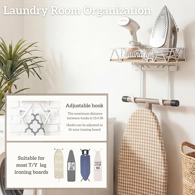 PERFNIQUE Ironing Board Holder, Iron Board Wall Mount, Ironing Board Hanger, Laundry Room Organization with Removable Hooks(T&V Shaped), Wooden Base Basket, Laundry Room Decor(Laundry, White)