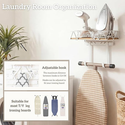 PERFNIQUE Ironing Board Holder, Iron Board Wall Mount, Ironing Board Hanger, Laundry Room Organization with Removable Hooks(T&V Shaped), Wooden Base Basket, Laundry Room Decor(Laundry, White)