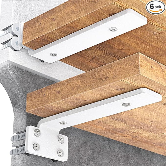 Goovilla Shelf Bracket, Heavy Duty Floating Shelf Brackets 4 inch Long, 6 Pack Brackets for Shelves, White Coated Metal Wall Shelf Support Brackets with 1/5 Inch Thick and 160 lb. Load Capacity