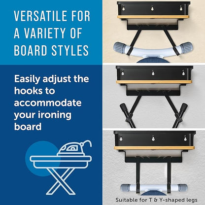 Maplefield Ironing Board Hanger with Shelf - Modern, Alloy Steel - Space-Saving Iron Storage & Laundry Organization - Board Wall Mount for Y & T Leg Styles - Integrated Appliance Holder - Wall Mount