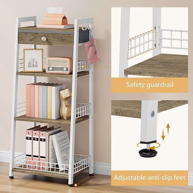 4-Tier Ladder Shelf with Drawer, Bathroom Table Stand for Small Space, Standing Bathroom Shelves with Storage for Living Room Kitchen Bedroom, Organizer Shelf, White