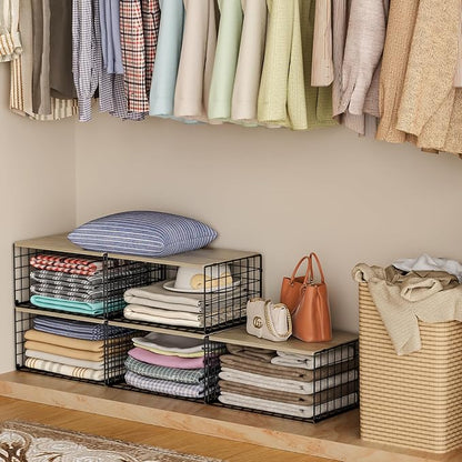 Extra-Long, Low-Profile Closet Organizers and Storage with Wood Top, 3 Pack Stackable Closet Shelf Organizer, Space-Saving Clothes Storage Bin for Wardrobe & Bedroom & Small Spaces, Sturdy Metal Black