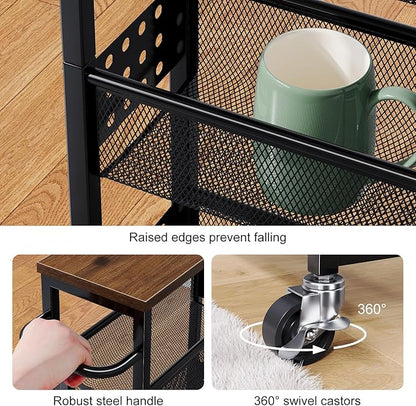 Utility Slim Storage Cart, 4-Tier Narrow Bathroom Organizer and Storage Cart, Metal Narrow Kitchen Laundry Room Organization Rack with Wood Top, Slim Rolling Shelf with Wheels for Small Space