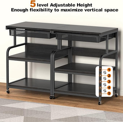 EasyCom 23.6''x18.9'' Extra Large Printer Stand with Drawer, 5-Adjustable Heights 3 Tier Table with Wheels, Rolling Printer Cart with Storage for Printer Scanner Fax Home Office Use