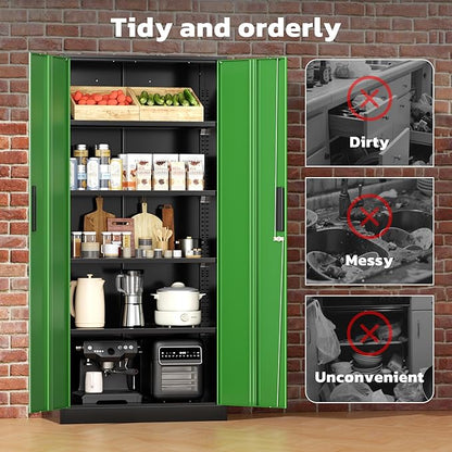 Greenvelly Metal Lockable Storage Cabinet, 72” Storage Cabinet with 2 Doors and 4 Adjustable Shelves for Office, Home, Garage, Pantry (Assembly Required, Black Green)