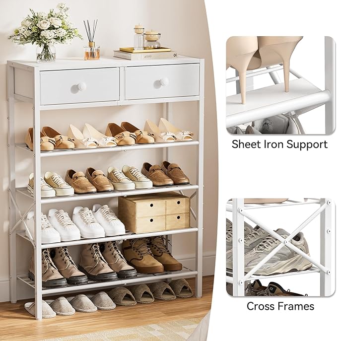 Shoe Rack for Entryway, 5 Tier Shoe Organizer with 2 Non-Woven Drawers, Metal Storage Shoe Shelf for 16-20 Pairs of Shoes, with Wooden Top and Steel Frame, Shoe Stand for Closet Greige