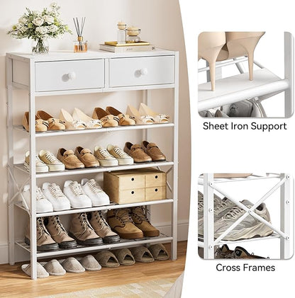 Shoe Rack for Entryway, 5 Tier Shoe Organizer with 2 Non-Woven Drawers, Metal Storage Shoe Shelf for 16-20 Pairs of Shoes, with Wooden Top and Steel Frame, Shoe Stand for Closet Greige