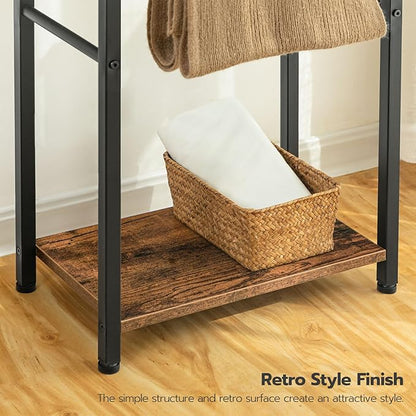 HOOBRO Free Standing Towel Rack for Bathroom, 2 Tier Blanket Rack, 16.5" L x 9.4" W x 31.5" H, Blanket Holder, Drying and Display Rack with Shelf, Rustic Brown and Black BF02LB01