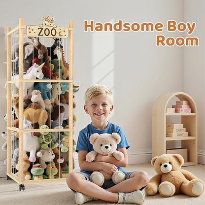 Stuffed Animal Storage Zoo Tower,56In Wooden Large Stuffed Animal Holder Organizer with Wheels,Stuffy Plushies Storage with Elastic Band&Mesh Bottom,Toy Storage Organizers for Playroom Bedroom Nursery