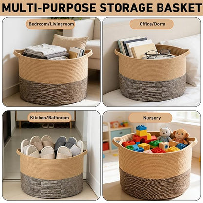 90L Large Blanket Basket,21.7"L x 21.7"W x 13.8"H Rope Woven Baskets with Handles, Toys Storage Bins,Laundry Basket Perfect for Living Room, Nursery,Bedroom,Home Organization,Jute&Black