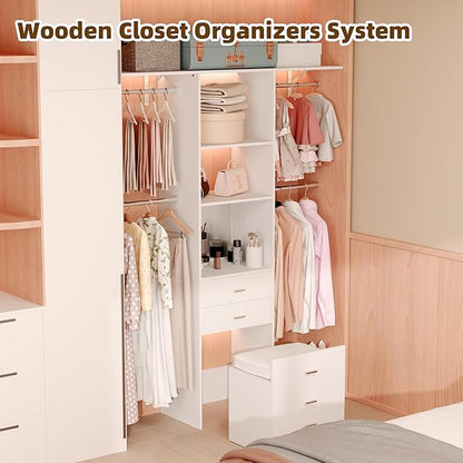 Closet System Set With Concealable Stool, Closet Organizer System With 4 Wood Drawers, Walk-In Closet Storage System, 5 Adjustable Cloth Garment Rack from 3 to 5FT, White