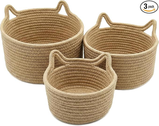 Small Woven Baskets | Mini Storage Bins | Cotton Rope Baby Nursery Organizers | Cute Round Cat Ears Basket for Organizing Desk Decor Kids Toy Dog Cat Baby Girls Gifts-Set of 3(Beige)