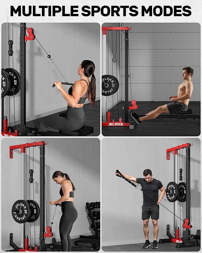 RC01 Foldable LAT Pulldown Machine with Adjustable seat, Wall Mount Cable Station with 16 Adjustable Positions, Cable Machine Home Gym 2 in 1, Functional Trainer with Rowing and LAT Pulldown