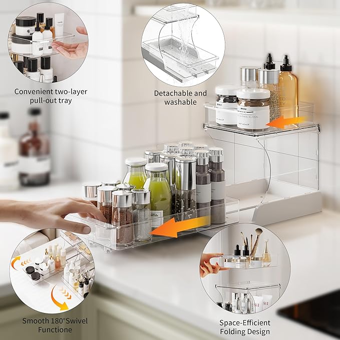 Attelite 2 Tier Pull Out Cabinet Organizer with 180° Rotating & Foldable Design, 2 Pack Sliding Drawers for Kitchen & Bathroom Storage, Fits Under Sink, Pantry, Cabinet