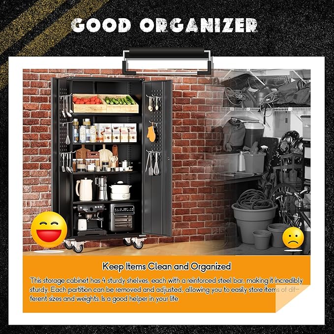 Greenvelly Metal Storage Cabinet with Wheel,Lockable 74" Black Metal Garage Cabinets with 2 Doors and 4 Adjustable Shelves, Rolling Steel Tool Cabinet for Garage, Home Office, School