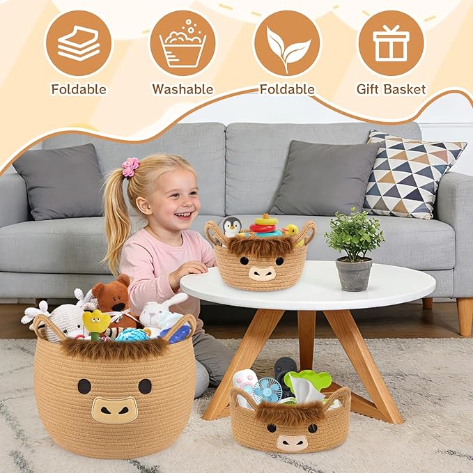 3Pack Highland Cute Cow Storage Baskets Set for Nursery- Small, Oval, Large Woven Gift Basket, Rope Cotton Bins with Handles, Baby Laundry 0rganizer Shower Towel Blanket Clothes (9/12/15In)