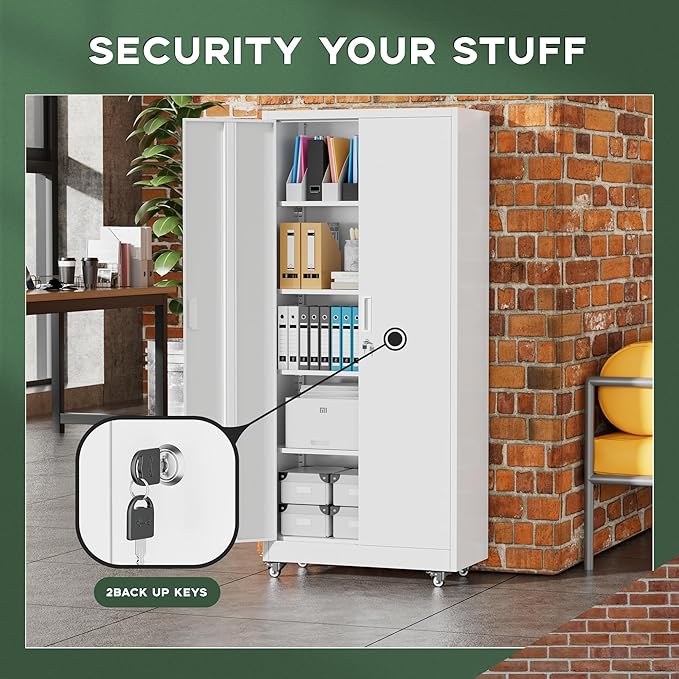 Greenvelly 73" Rolling Storage Cabinet,White Metal Garage Cabinet with Locking Doors and 4 Adjustable Shelves for Home,Kitchen,Office,Warehouse(32" W x 16" D,Wheels)