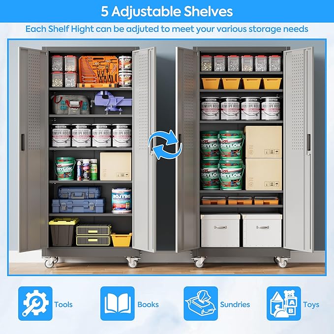 Aobabo Upgrade 71H''*32''W*16''D Metal Garage Storage Cabinet with Wheels and Pegboards, 5 Adjustable Shelves Steel Storage Cabinets for Home,Warehouse,Garage,Assembly Required,Black Gray