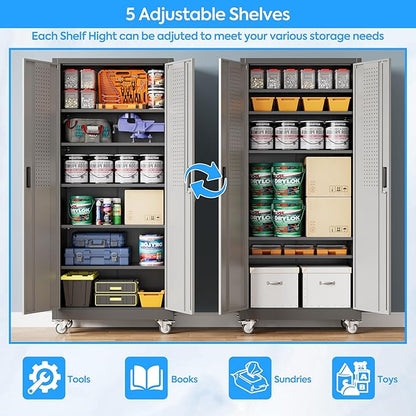 Aobabo Upgrade 71H''*32''W*16''D Metal Garage Storage Cabinet with Wheels and Pegboards, 5 Adjustable Shelves Steel Storage Cabinets for Home,Warehouse,Garage,Assembly Required,Black Gray
