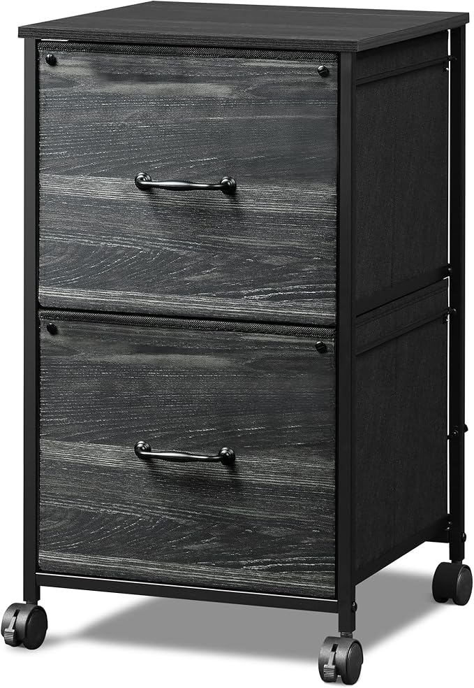 DEVAISE 2 Drawer Mobile File Cabinet, Rolling Printer Stand, Fabric Vertical Filing Cabinet fits A4 or Letter Size for Home Office, Charcoal Black Wood Grain Print