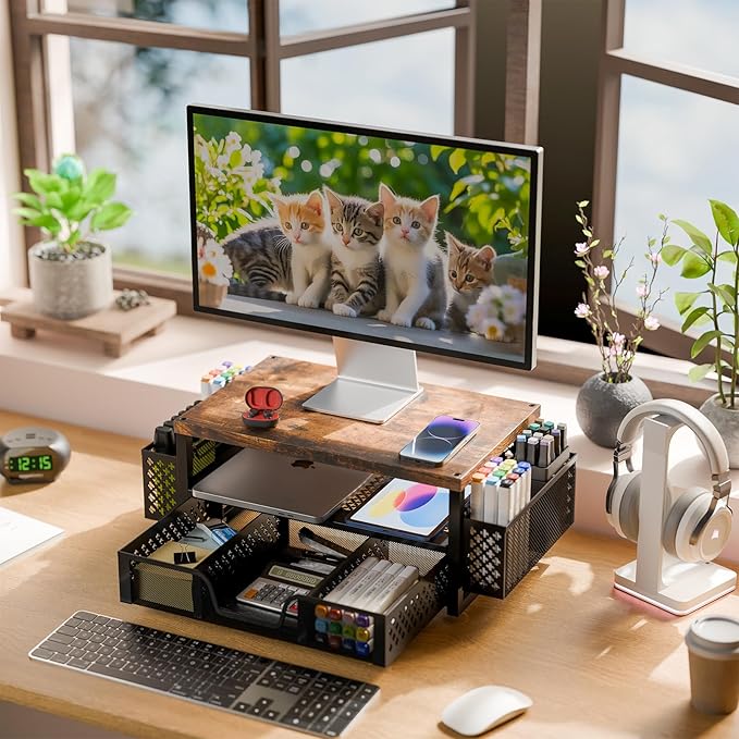 Simple Trending Desk Organizers and Accessories, 2 Tier Monitor Stand Riser with Drawer and 2 Pen Holder for Offices and Dormitories (Wood)