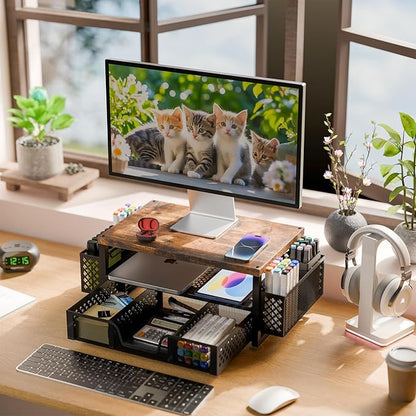 Simple Trending Desk Organizers and Accessories, 2 Tier Monitor Stand Riser with Drawer and 2 Pen Holder for Offices and Dormitories (Wood)