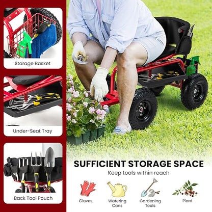 Giantex Rolling Garden Cart, 360 Swivel Workseat with 4 Wheels, Removal Cushion & Tool Tray, Storage Basket, Gardening Wagon Scooter with Adjustable Height, Handle (Red)