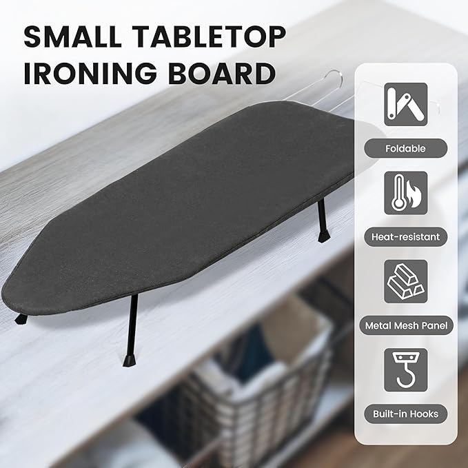 Small Ironing Board, Foldable Table Top Ironing Board Compact, Portable Tabletop Iron Boards Metal Mesh Panel, 8mm Thicken Pad with lron Rest and Heat Resistant Cover