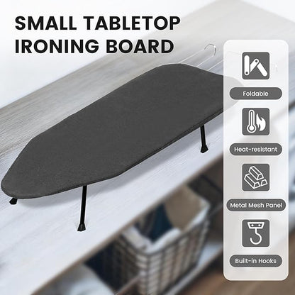 Small Ironing Board, Foldable Table Top Ironing Board Compact, Portable Tabletop Iron Boards Metal Mesh Panel, 8mm Thicken Pad with lron Rest and Heat Resistant Cover