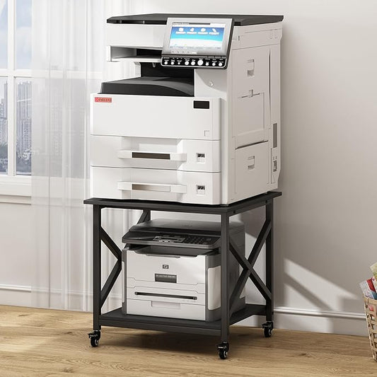 2 Tier Large Printer Stand, 23.6 x 23.6 x 22.6 Inches Square Printer Table with Storage Shelf, Rolling Printer Cart with Industrial Wheels for Home Office, Mini Fridge Stand Table - Black
