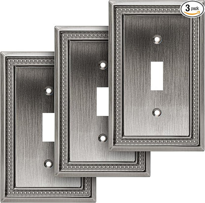 Henne Bery Sunken Pearls Heavy Duty Decorative Wall Plate Switch Plate Outlet Cover (Single Toggle, 3 Pack, Heirloom Silver)