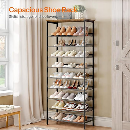 HOOBRO 10-Tier Shoe Rack, 29.5"L Shoe Shelf, Large Capacity Shoe Storage Organizer for 27+ Pairs of Shoes, Front Door Entrance, Entryway, Hallway, Closet, Space Saver, Rustic Brown and Black BF110XJ01