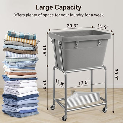 ELYKEN Rolling Laundry Hamper with Wheels, Laundry Cart with Removable Bag, Heavy Duty Metal Frame, 2-Tier Clothes Basket Hamper with Shelf for Closet, Bedroom, Bathroom, Laundry Room, Gray
