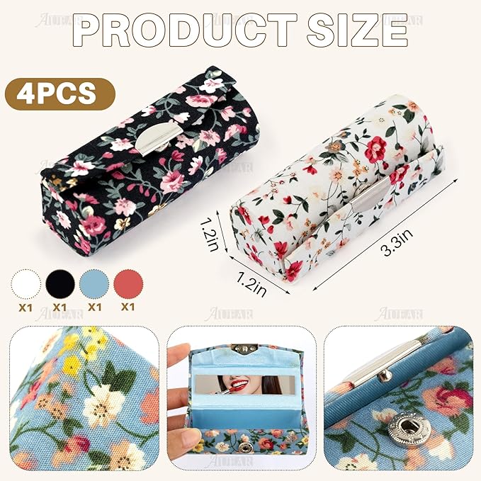 AUEAR, 4 Pack Floral Lipstick Case with Mirror for Purse Travel Holder (Small Flower Pattern)