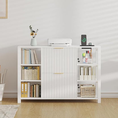 File Cabinet for Home Office, Fluted Filing Cabinet with 2 Drawers Fit Letter/Legal/A4 Folders with Tabs, Printer Stand with Lock & 2 Power Outlets, 6 Shelves (Set of 2, White)