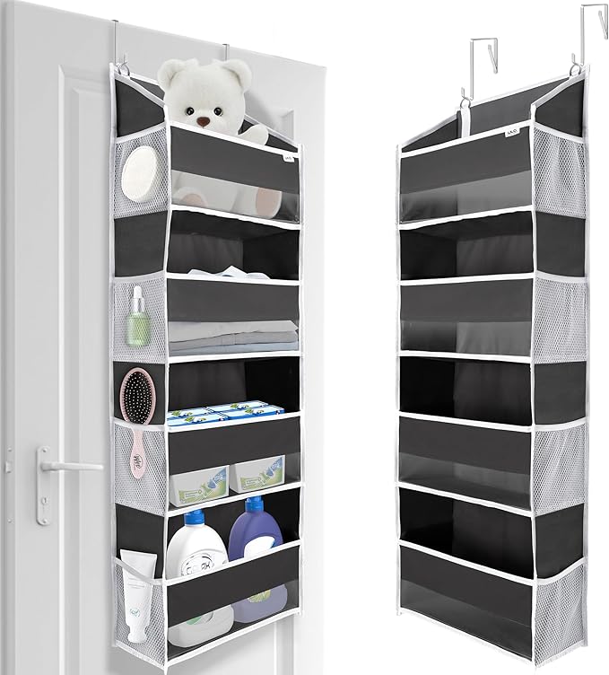 ULG 1 Pack Over Door Organizer with 4 Large Pockets 6 Mesh Side Pockets, 36 lbs Weight Capacity Hanging Storage Organizer with Clear Window for Bedroom Nursery, Baby Kids Toys, Diapers, Dark Grey