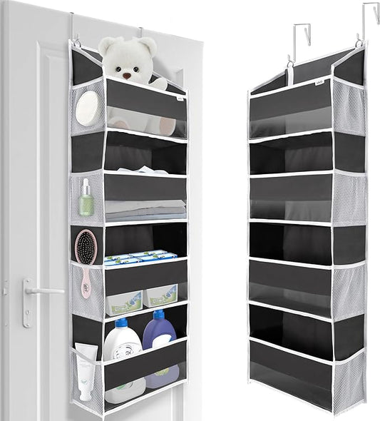 ULG 1 Pack Over Door Organizer with 4 Large Pockets 6 Mesh Side Pockets, 36 lbs Weight Capacity Hanging Storage Organizer with Clear Window for Bedroom Nursery, Baby Kids Toys, Diapers, Dark Grey