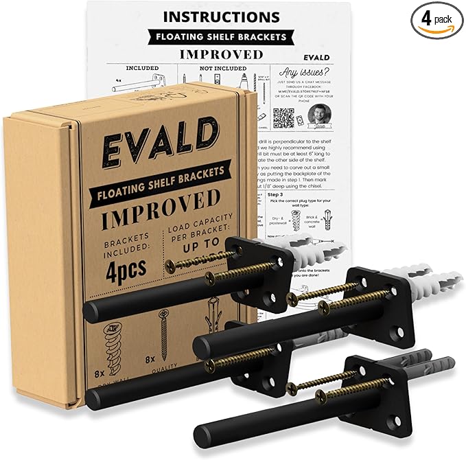 EVALD Hidden Floating Shelf Bracket | 4-Inch Heavy Duty Blind Shelf Support | Kitchen Shelf, Fireplace Mantel Bracket | Invisible Wall Mount Bracket for Home & Office | Floating Shelf Hardware 4 Pack