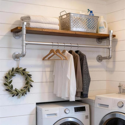 WEBI Wall Mounted Clothes Rack with Shelf,36" Industrial Pipe Clothing Rack with Shelf with Hanging Rod,Heavy Duty Iron Garment Rack Bar,Retail Display Clothes Rod for Laundry Room,Closet,Silver