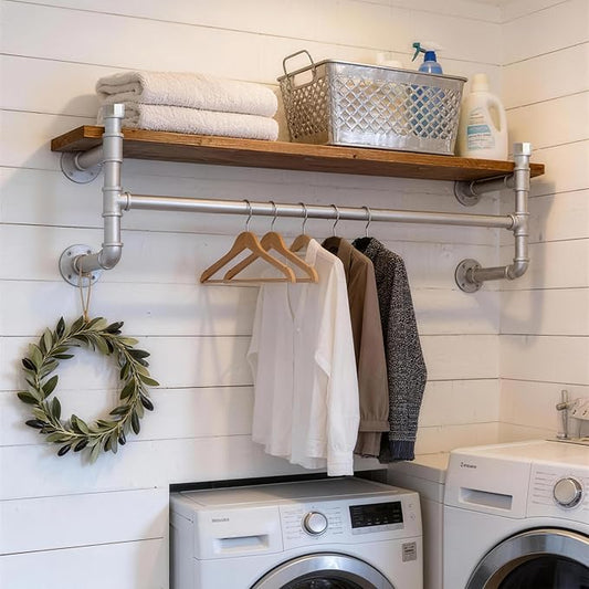 WEBI Wall Mounted Clothes Rack with Shelf,36" Industrial Pipe Clothing Rack with Shelf with Hanging Rod,Heavy Duty Iron Garment Rack Bar,Retail Display Clothes Rod for Laundry Room,Closet,Silver